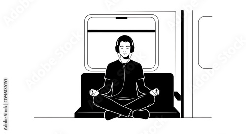 Silhouette A man meditating on a train while wearing headphones in a minimalist black and white illustration