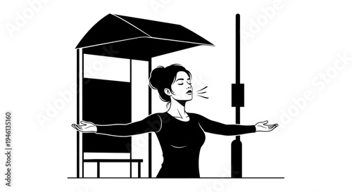 Silhouette A minimalist vector illustration of a woman standing under a bus stop shelter with her arms outstretched in frustration