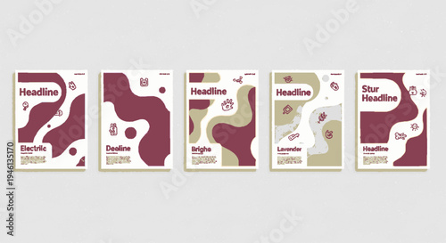 Five modern magazine covers with abstract red and beige designs on white background