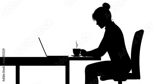 Silhouette A silhouette of a woman sitting at a desk working on her laptop with a cup of coffee
