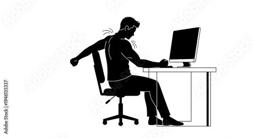 Silhouette A man sitting at a desk with back pain while working on a computer in a minimalist vector illustration
