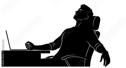 Silhouette A man sitting at a desk with his head tilted back in a relaxed pose, working on a laptop computer in a minimalist vector illustration.