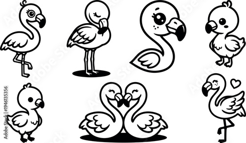 Cute cartoon flamingos in various poses with expressive faces heart and standing on one leg vector design black and white outlines