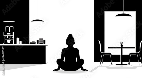 Silhouette A woman meditates in a modern minimalist kitchen and dining area with a black and white color scheme