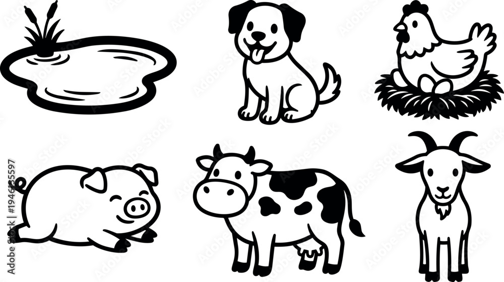 Fototapeta premium Black and white vector animal icons with sitting dog smiling pig lying hen on nest with eggs cow standing goat facing front simple outline style