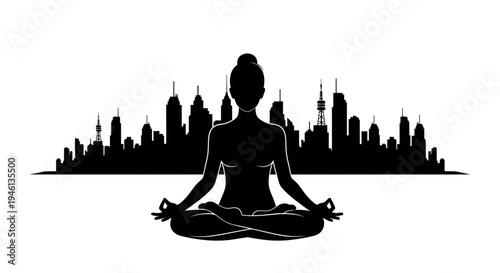 Silhouette A woman meditates in a serene yoga pose against a city skyline at dusk.