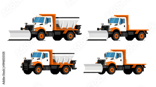 Vibrant cartoon snow plow trucks white and orange featuring salt spreaders and flatbeds side view.