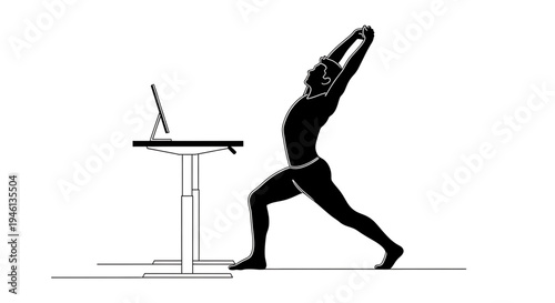 Silhouette A person practicing yoga in a standing pose at a desk with a laptop