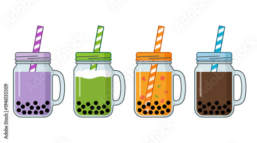 Vibrant bubble tea drinks in mason jars with colorful lids striped straws and black tapioca pearls.