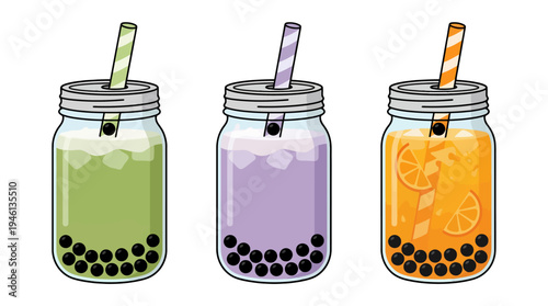 Vibrant Bubble Tea Drinks Green Matcha Purple Taro Orange Fruit in Mason Jars with Striped Straws.