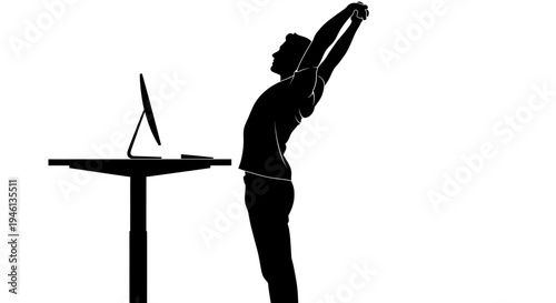 Silhouette A man stretching at his desk with a computer in a minimalist vector illustration
