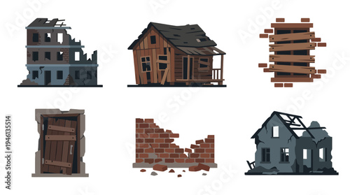 Vector set of dilapidated buildings abandoned houses and destroyed structural elements with broken walls and boardedup windows.