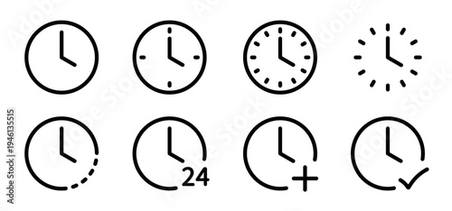 Minimal Clock icon Set with Progress, Completion, Add, 24 Hour and Timer Variation icons For Web and App interface isolated on White Background