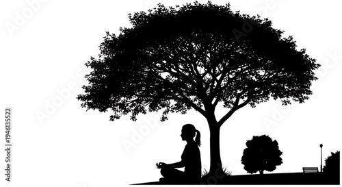 Silhouette A serene silhouette of a woman meditating under a large tree in a peaceful park setting