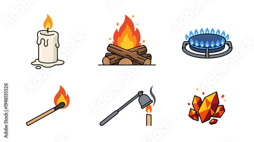 Vibrant cartoon icons of fire and heat sources burning candle campfire gas burner lit match candle snuffer and glowing coals.