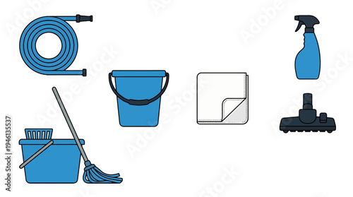 Vector illustration of essential household cleaning supplies hose buckets mop cloth spray bottle vacuum head.