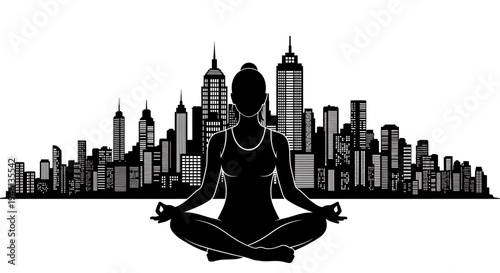 Silhouette A woman meditates in a yoga pose against a city skyline at dusk in a black and white vector graphic illustration.