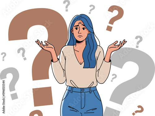 A woman with blue hair and a puzzled expression surrounded by question marks