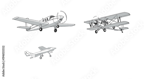 Three distinct grayscale vector airplanes a monoplane biplane and jet depicted in flight with propeller blur.