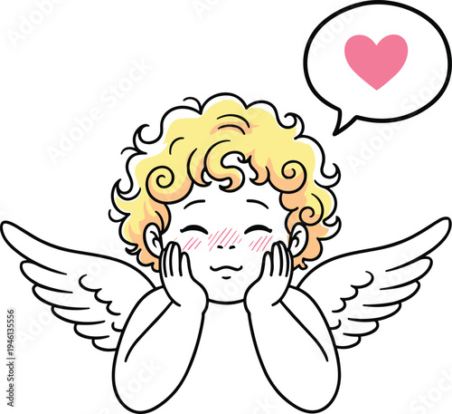 Cute blushing cherub with heart speech bubble