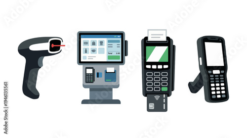 Sleek modern retail pointofsale devices barcode scanner selfcheckout kiosk POS terminal and handheld inventory scanner.