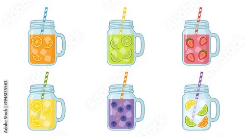 Six Vibrant Mason Jar Mugs with Fresh Fruit Infused Drinks and Striped Straws.