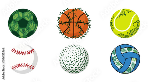 Six naturethemed sports balls illustration soccer basketball tennis baseball golf volleyball featuring leaf and vine patterns.