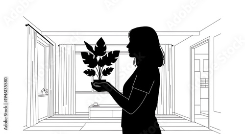 Silhouette A minimalist vector illustration of a woman holding a plant in a modern home interior