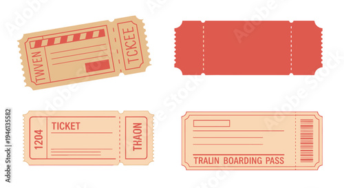 Set of vintagestyle tickets and boarding passes featuring perforated edges diverse layouts and warm color palette.