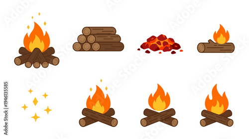 Set of flat design campfire icons burning logs stacked wood glowing embers and sparks.
