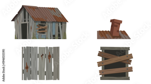 Rustic collection of weathered wooden shack rusty roof boarded window and old fence.