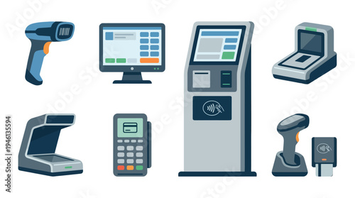 Modern flat vector illustration of diverse retail pointofsale and payment technology devices featuring scanners kiosks and card readers.