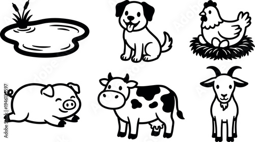 Black and white vector animal icons with sitting dog smiling pig lying hen on nest with eggs cow standing goat facing front simple outline style