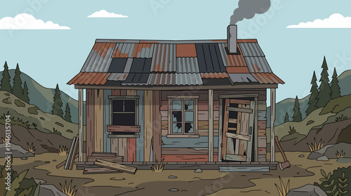 Dilapidated rustic wooden cabin with a patchwork of weathered planks rusty corrugated roof and broken windows.