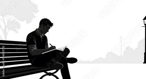 Silhouette A man sits on a park bench writing in a notebook at dusk