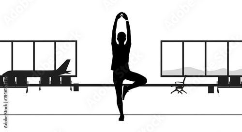 Silhouette A woman practices yoga in a modern office with a serene mountain view
