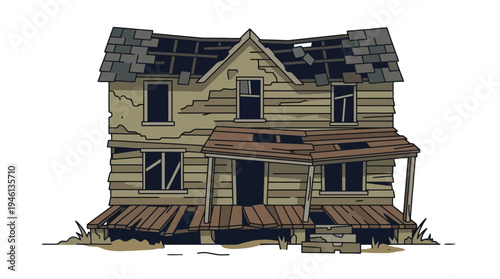 Dilapidated cartoon house illustration with broken windows damaged roof and collapsing porch.