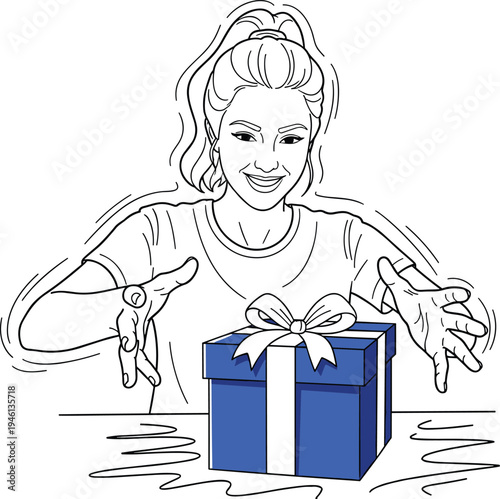 Woman unwrapping a blue gift box with a ribbon