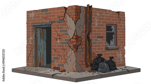 Dilapidated brick building with broken window damaged wooden door rusty pipe and trash bags.