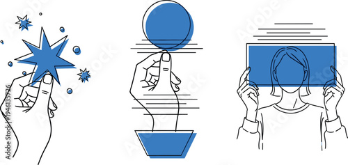 Hands holding various blue shapes and objects in a creative sequence