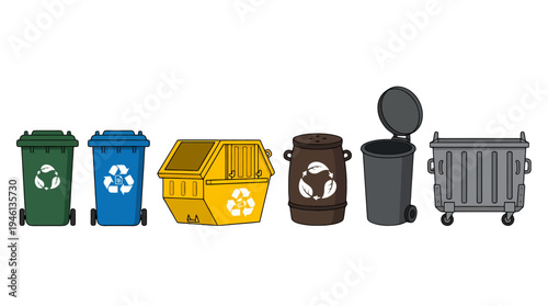 Colorful cartoon recycling and waste bins including wheeled skip and compost types with distinct symbols.