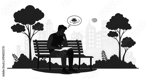 Silhouette A man sits on a park bench, lost in thought, surrounded by trees and a cityscape in the background.