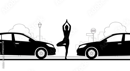 Silhouette A woman practices yoga on a city street between two cars in a serene urban setting.