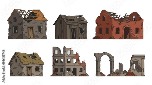 Cartoonstyle ruined buildings set dilapidated houses crumbling brick structures and ancient archway ruins.