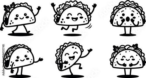 Cute black and white line art vector set of six happy smiling tacos with arms and legs in various playful joyful poses on white background