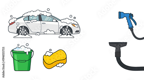 Cartoon white sedan car covered in thick soap suds and bubbles ready for a thorough wash.