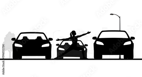 Silhouette A woman in a yoga pose between two cars on a city street at night