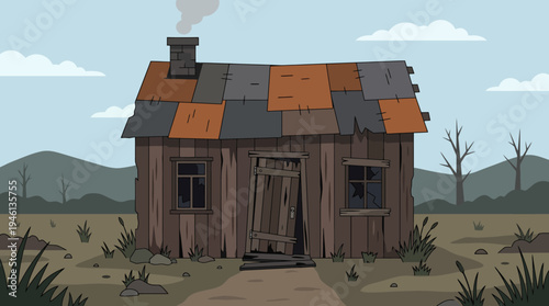 Cartoon dilapidated wooden shack with a patched roof broken windows and a crooked door.