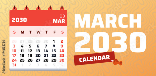 March 2030 calendar illustration with balanced composition and modern planning style Clean monthly schedule template perfect for productivity planners and business organization