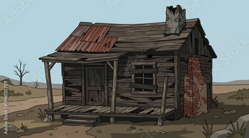 Cartoon Dilapidated Wooden Cabin with Rusty Metal Roof Boarded Window and Crumbling Chimney.